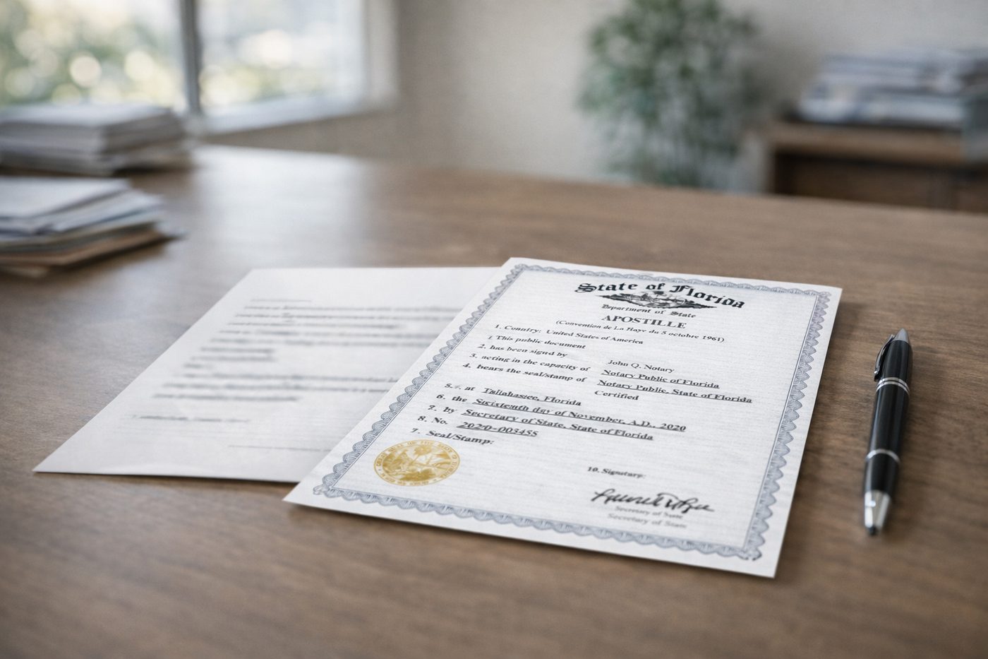 A completed Florida apostille certificate attached by the Department of State